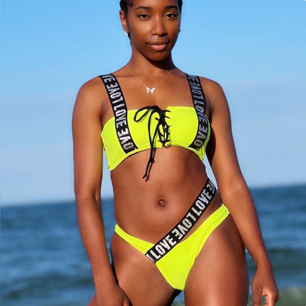 Neon Yellow 'Love' Strap Lace-Up Bikini Set